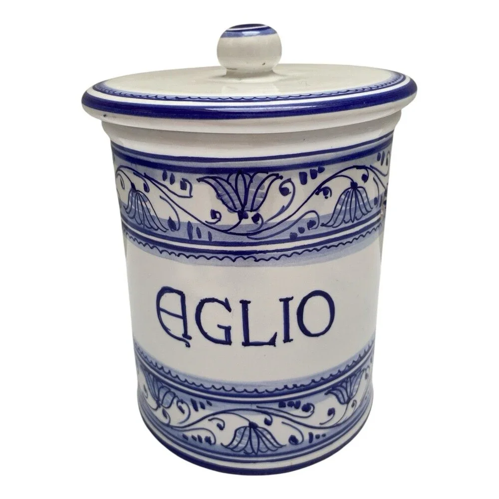 Italian Pottery Ceramic Garlic Keeper Lidded Cannister Jar BLUE & WHITE Italy